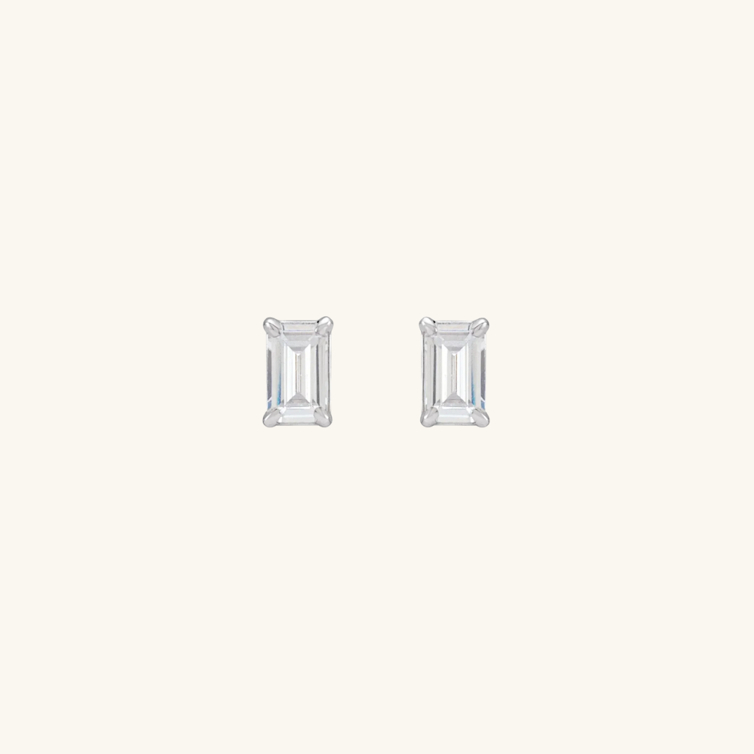 Rectangle Solitaire Stud Earrings Silver