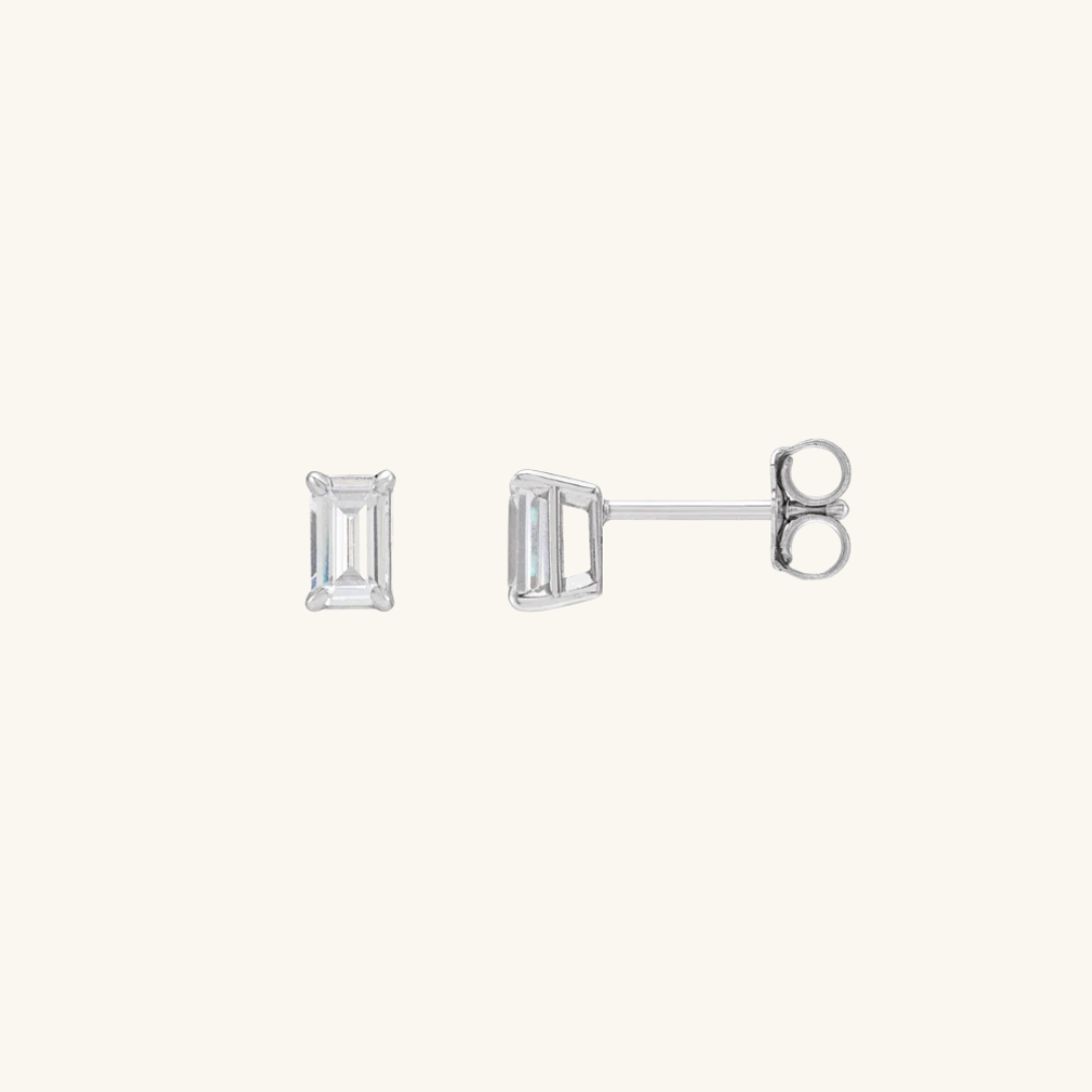 Rectangle Solitaire Stud Earrings Silver