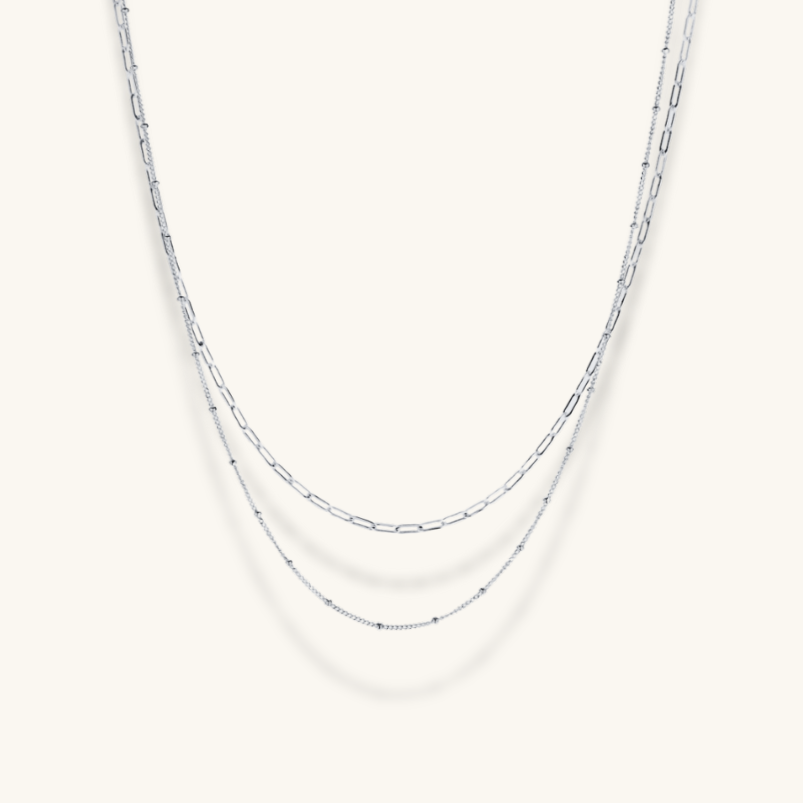 Paperclip and Beaded Chain Necklace Set in Gold