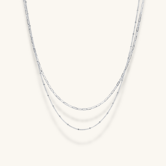 Paperclip and Beaded Chain Necklace Set in Silver