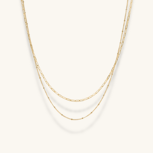 Paperclip and Beaded Chain Necklace Set in Silver